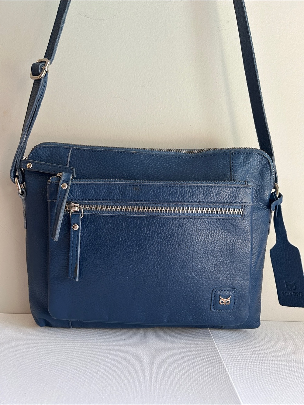 Wise Owl Pebbled Leather Crossbody Bag in Sapphire Blue